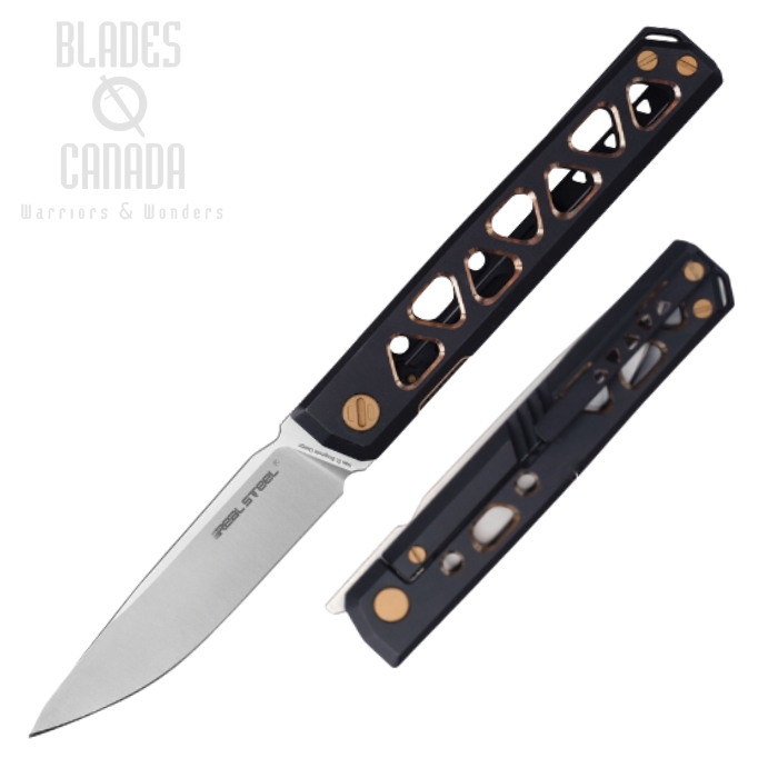 Real Steel Burns Flipper Framelock Knife, VG10 Satin, Titanium Black/Gold, 7661G